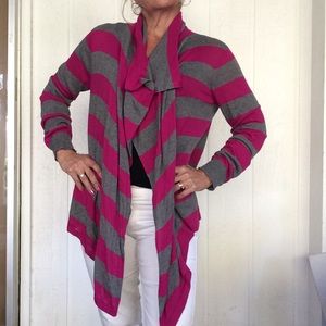 DKNY PINK GRAY COTTON STRIPED OPEN FRONT CARDIGAN TOP…